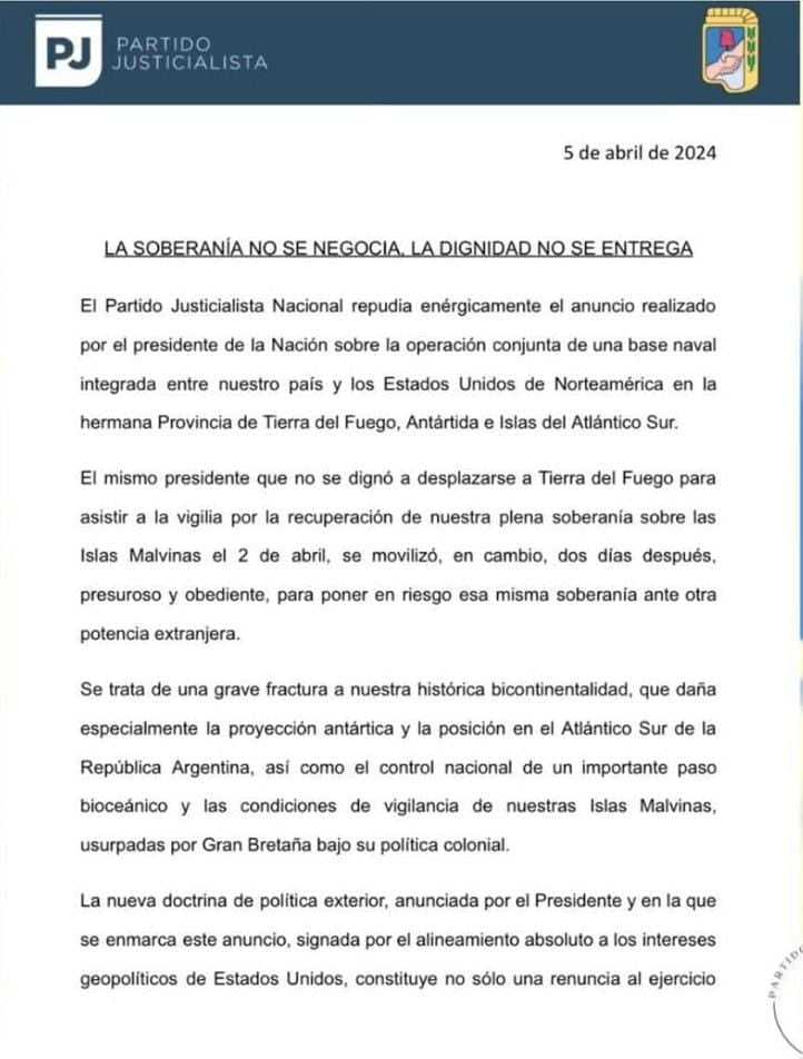 Photo of REPUDIO DEL PARTIDO JUSTICIALISTA DE TIERRA DEL FUEGO AL ANUNCIO DEL PRESIDENTE MILEI DE UNA BASE CONJUNTA INTEGRADA CON EEUU EN TIERRA DEL FUEGO